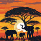 silhouettes of three elephants beside a pool under acacia trees with a large sun and orange sky, paint by numbers kit
