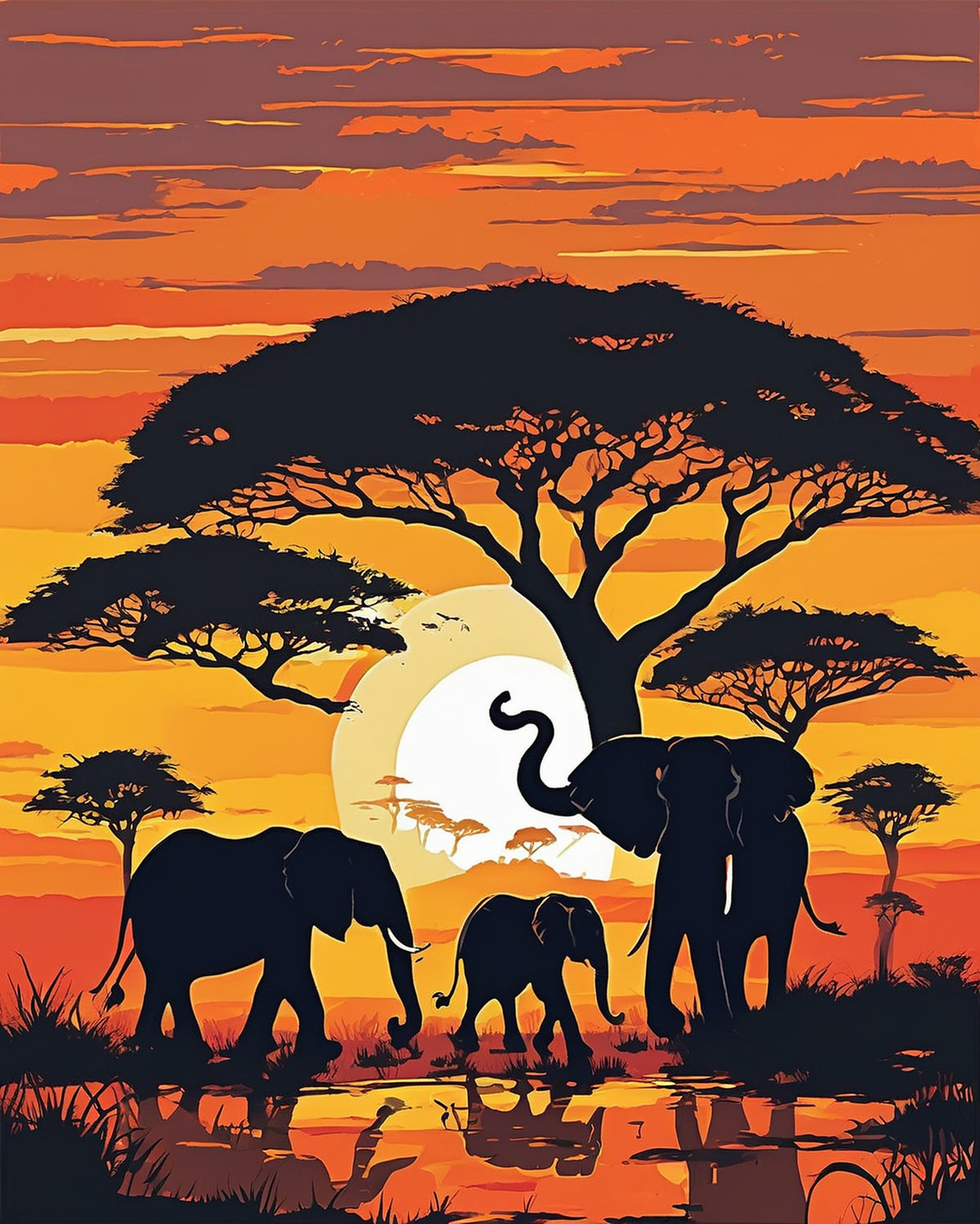 silhouettes of three elephants beside a pool under acacia trees with a large sun and orange sky, paint by numbers kit