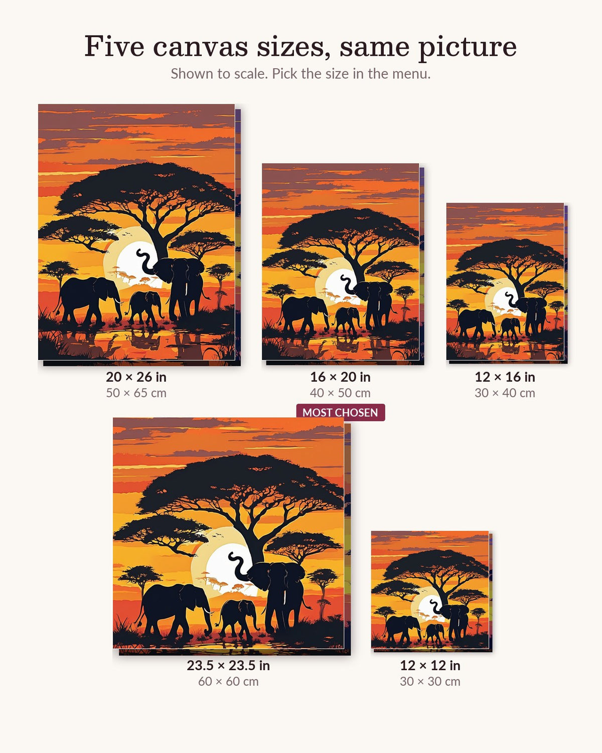 Elephants Beneath the Acacia Tree canvas sizes from 12 x 12 to 23.5 x 23.5 inches