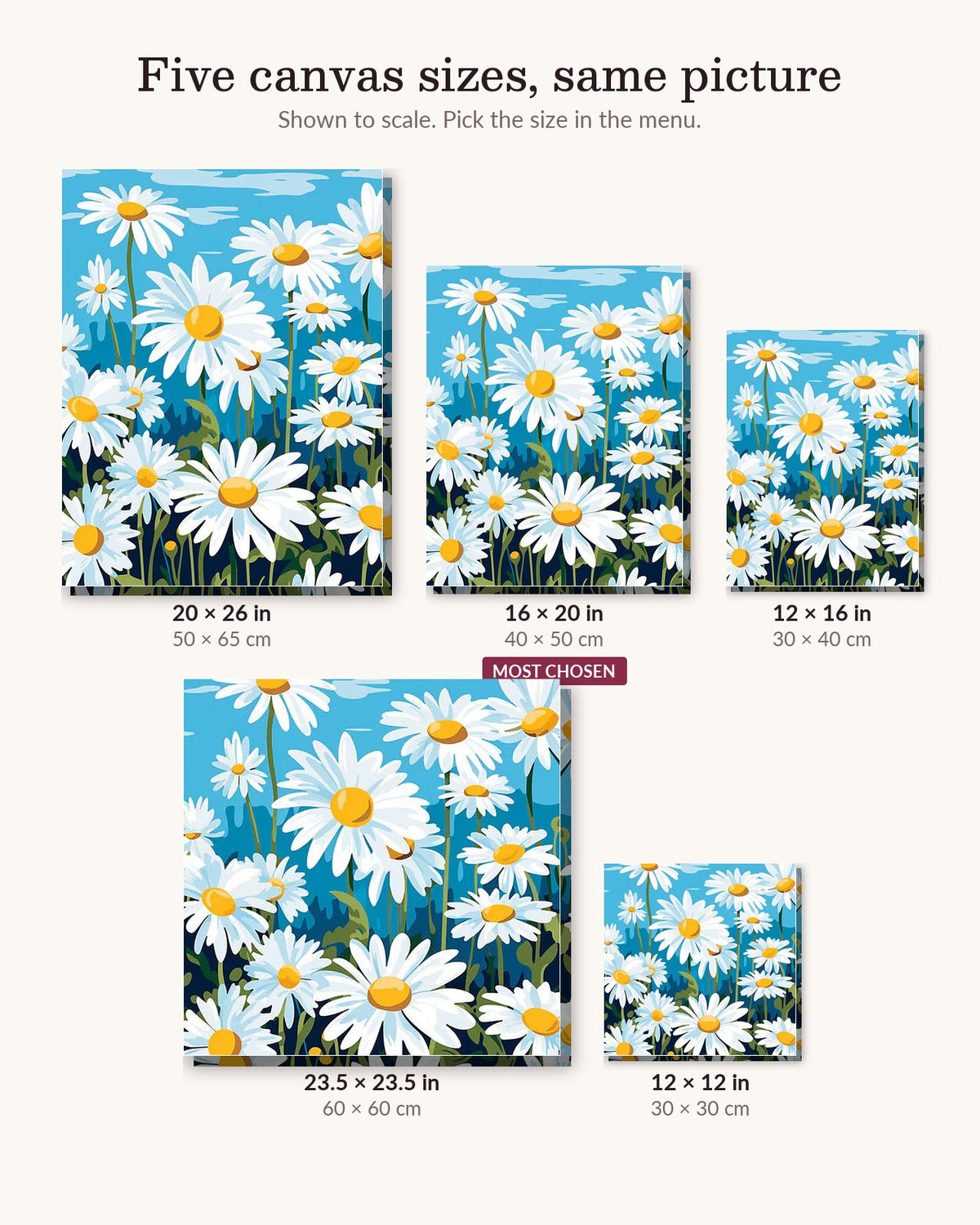 Elysian Daisy Field canvas sizes from 12 x 12 to 23.5 x 23.5 inches