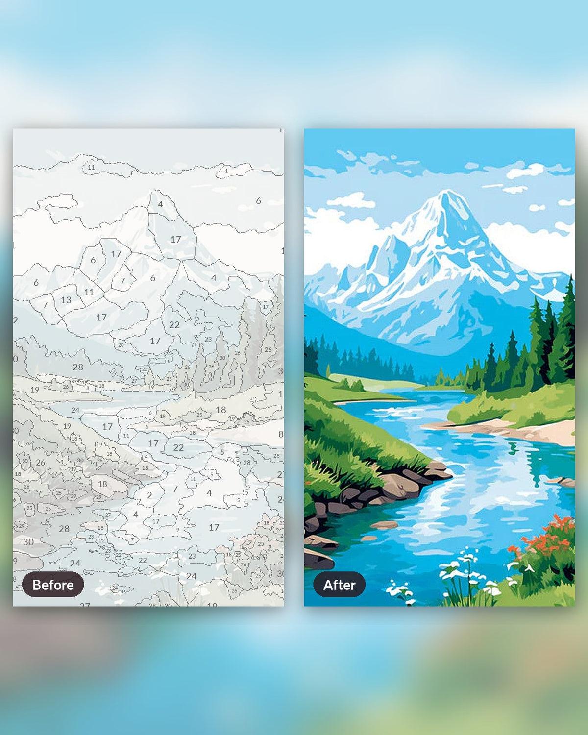 Heavenly Reverie paint by numbers kit, before and after