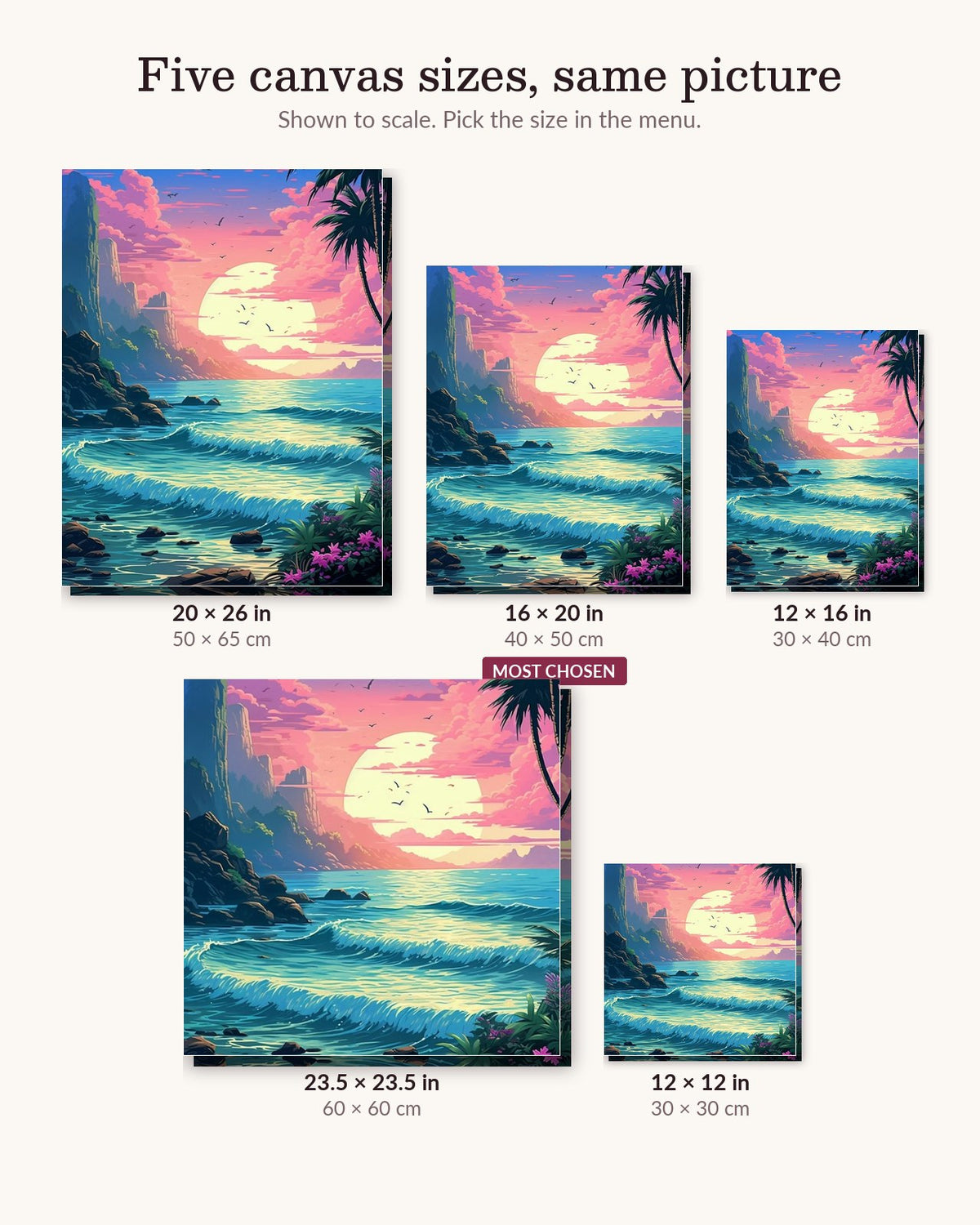 Embrace on the Sea canvas sizes from 12 x 12 to 23.5 x 23.5 inches