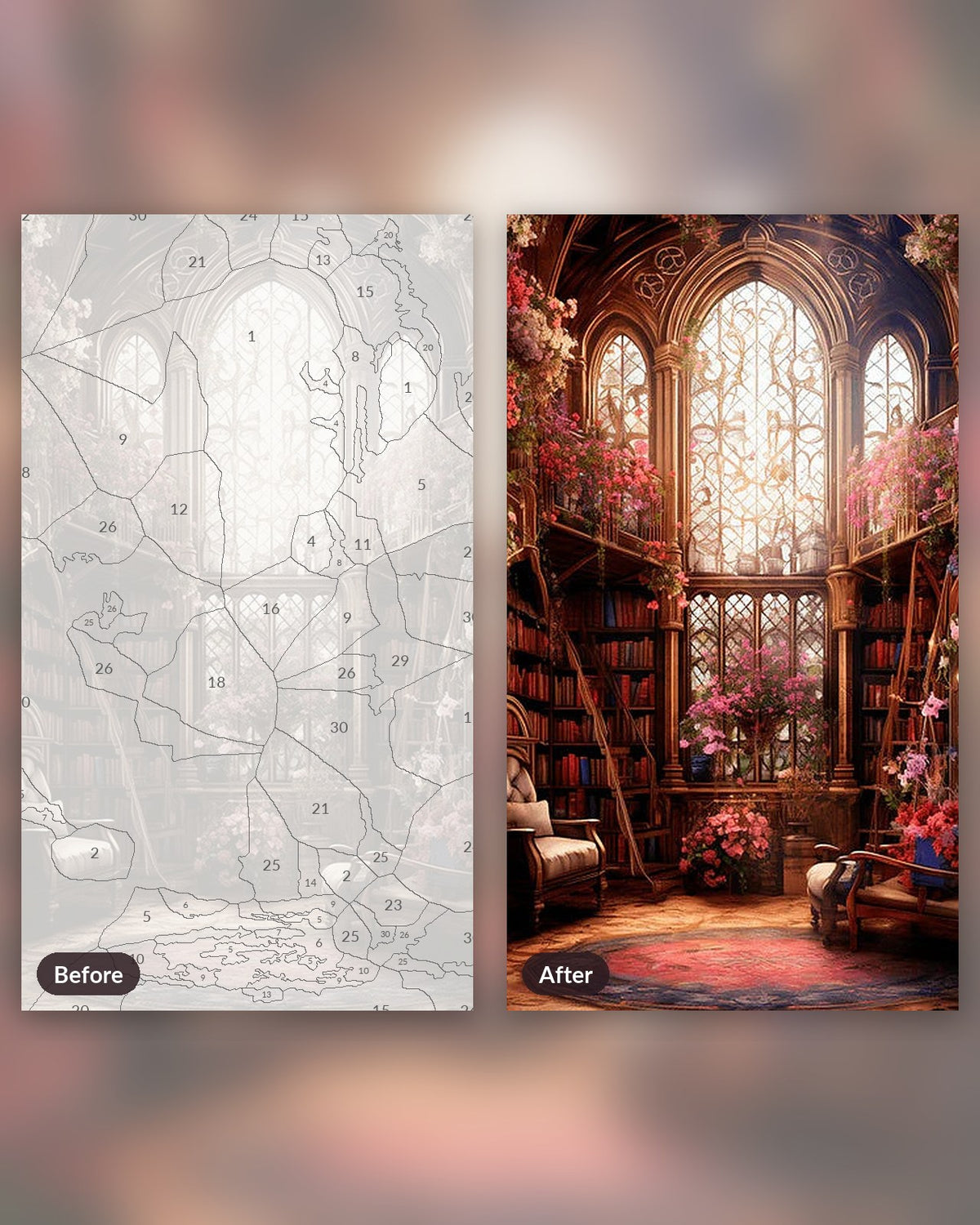 Enchanted Floral Library paint by numbers kit, before and after