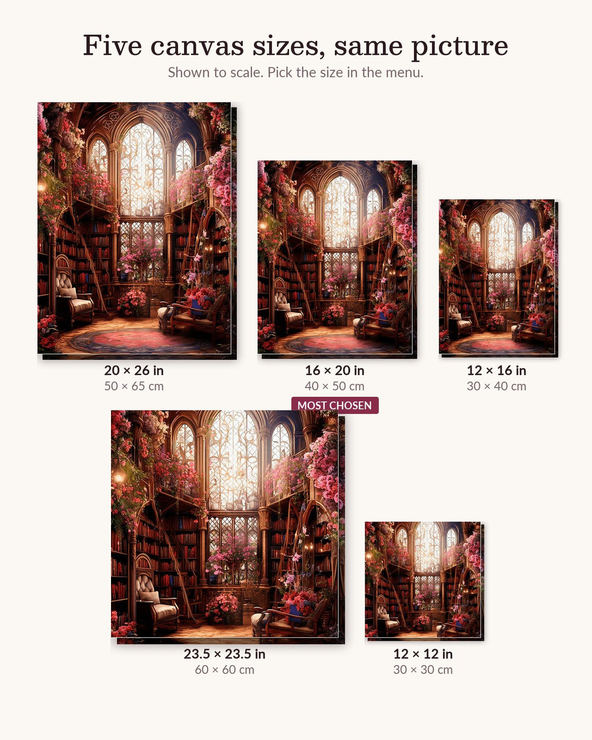 Enchanted Floral Library canvas sizes from 12 x 12 to 23.5 x 23.5 inches