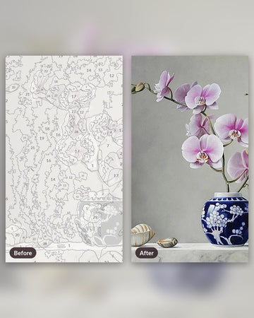 Blush Bloom Vase paint by numbers kit, before and after