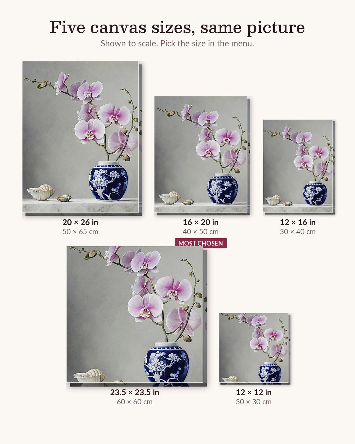 Blush Bloom Vase canvas sizes from 12 x 12 to 23.5 x 23.5 inches