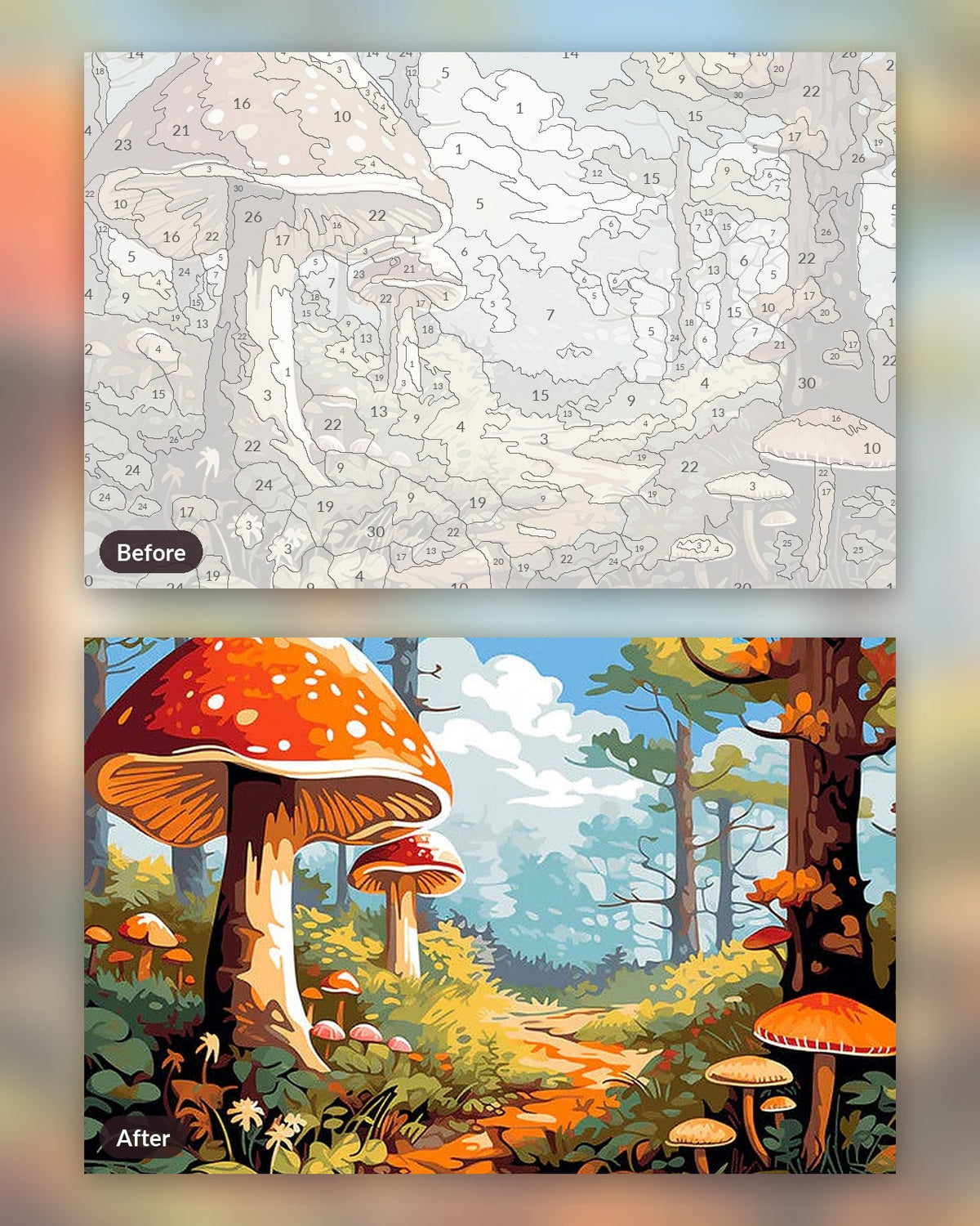 Enchanted Forest Trail paint by numbers kit, before and after