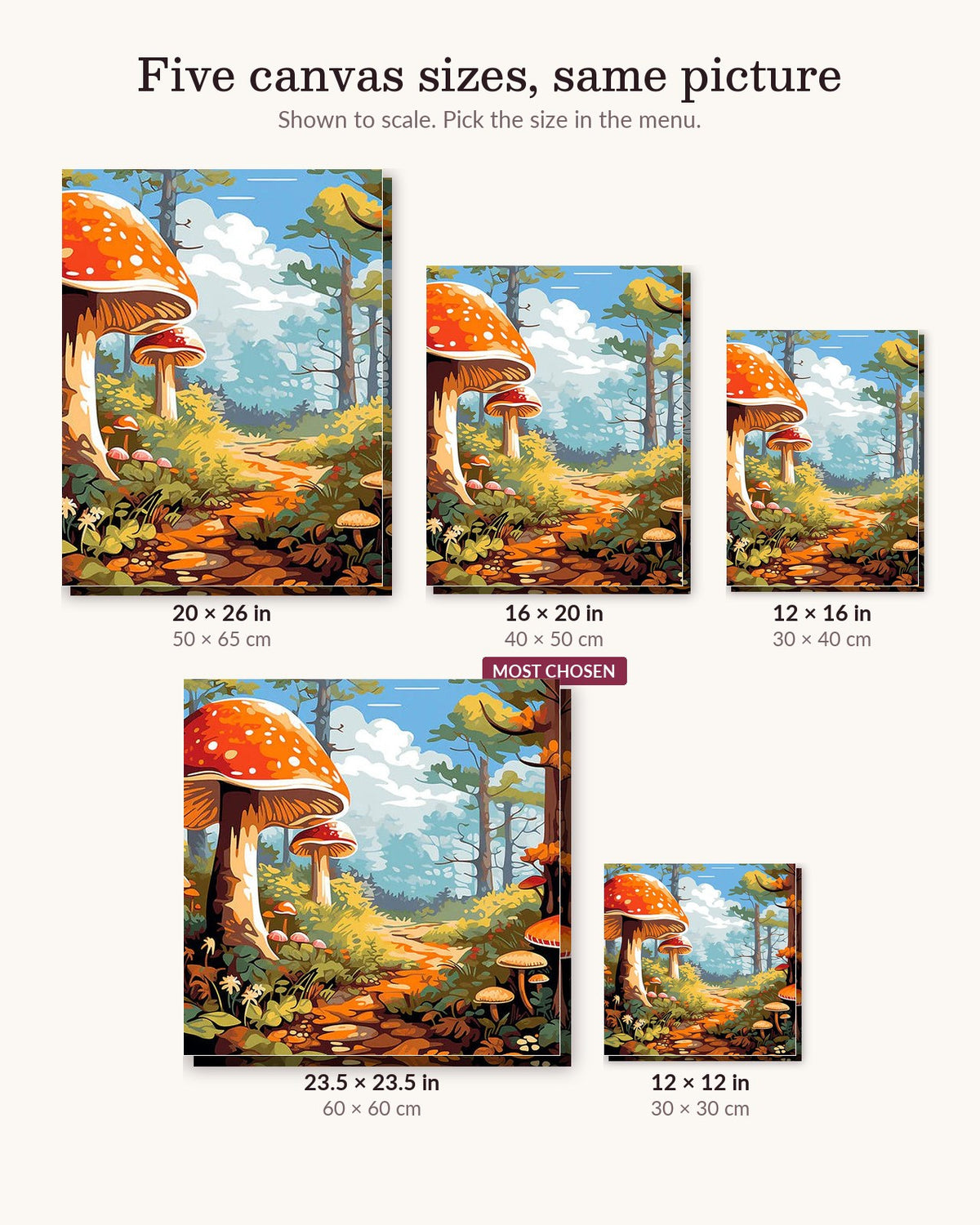 Enchanted Forest Trail canvas sizes from 12 x 12 to 23.5 x 23.5 inches