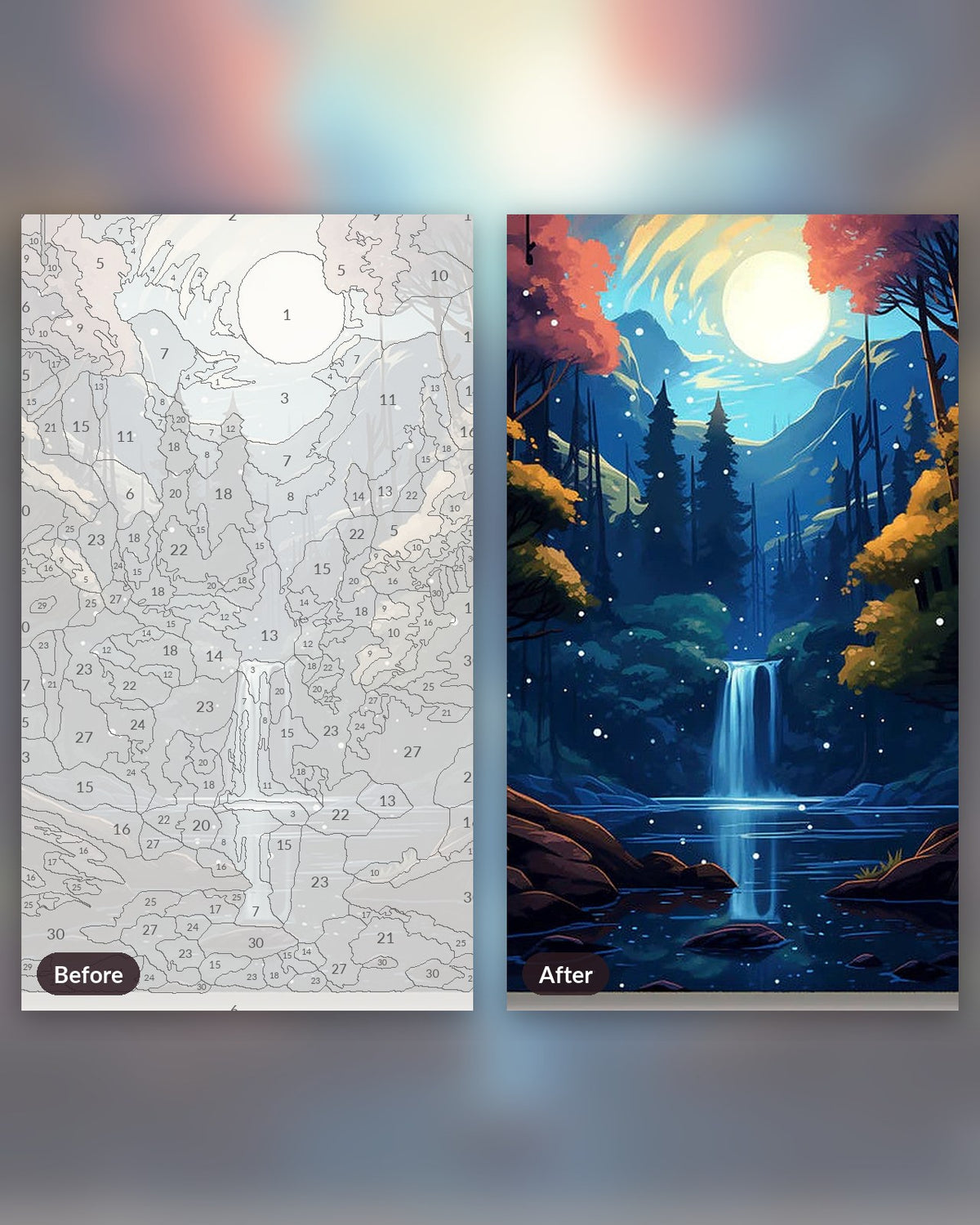 Mystical Cascade paint by numbers kit, before and after