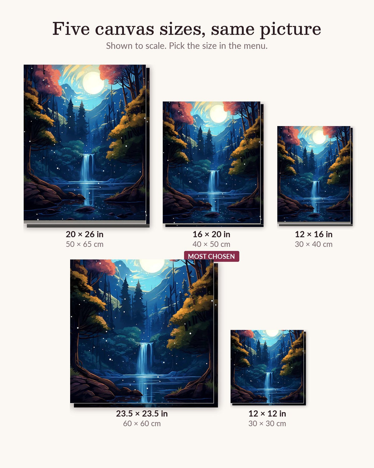 Mystical Cascade canvas sizes from 12 x 12 to 23.5 x 23.5 inches