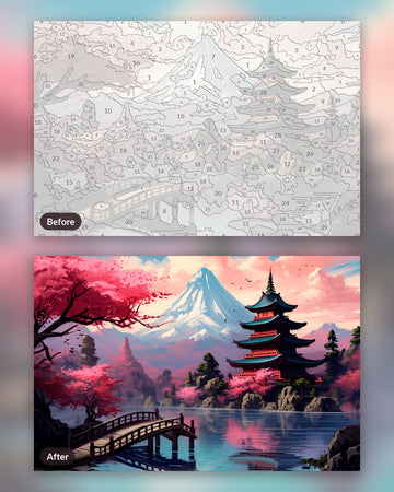Fuji's Eternity paint by numbers kit, before and after