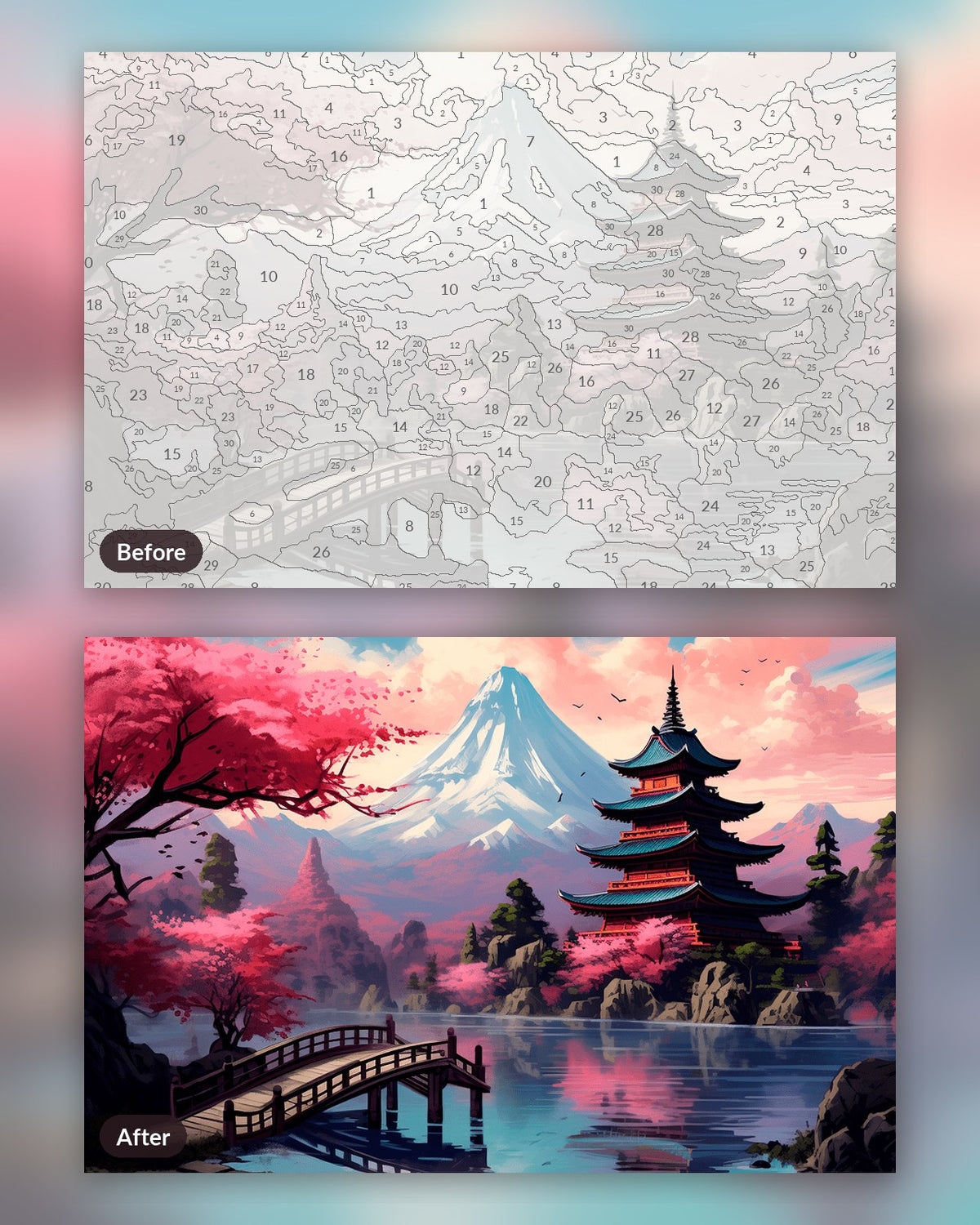 Fuji's Eternity paint by numbers kit, before and after