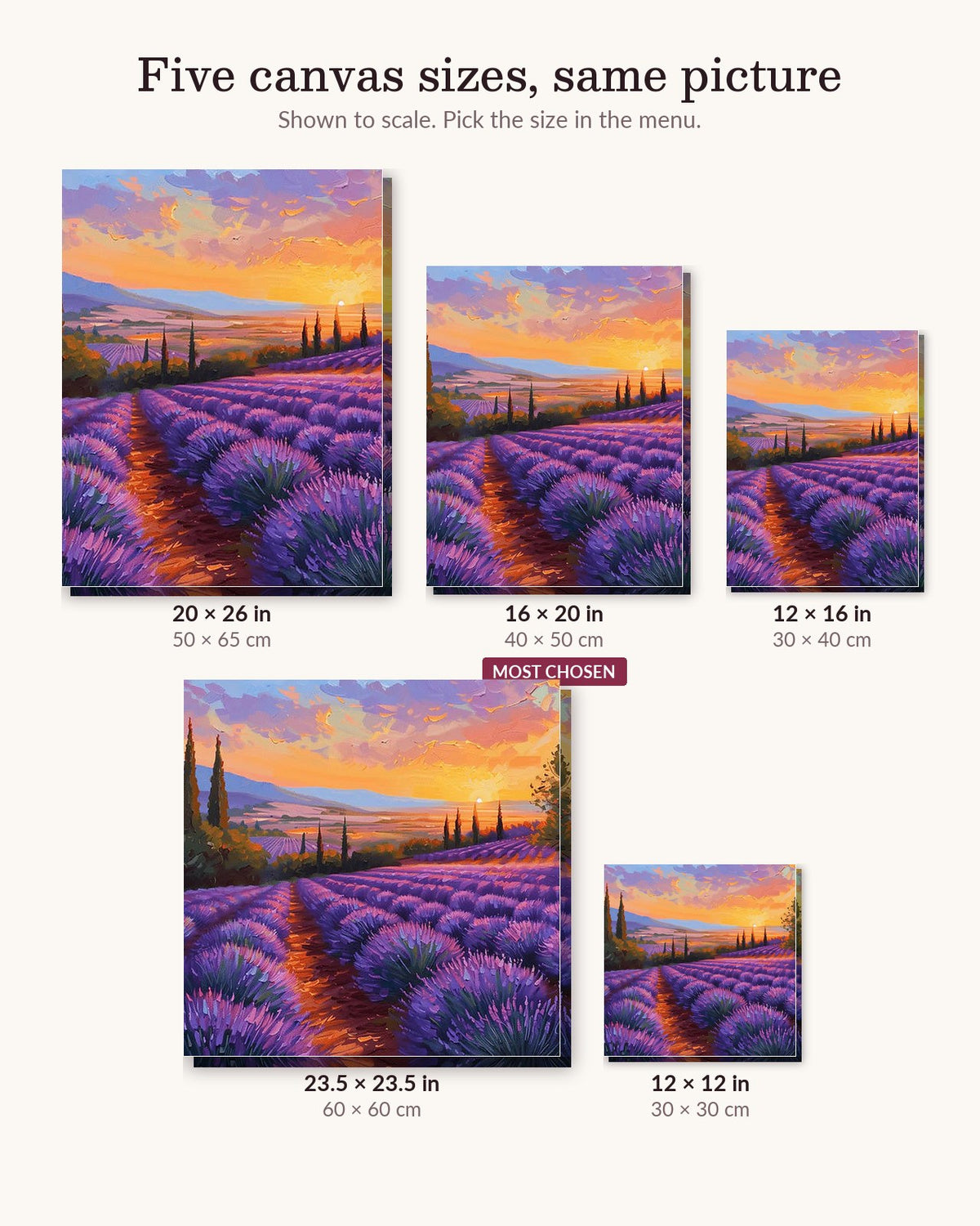Endless Lavender Fields canvas sizes from 12 x 12 to 23.5 x 23.5 inches