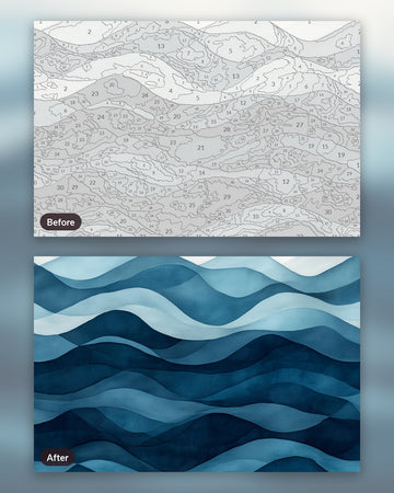 Infinite Sea paint by numbers kit, before and after