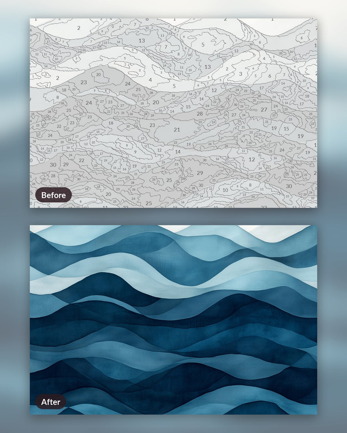 Infinite Sea paint by numbers kit, before and after