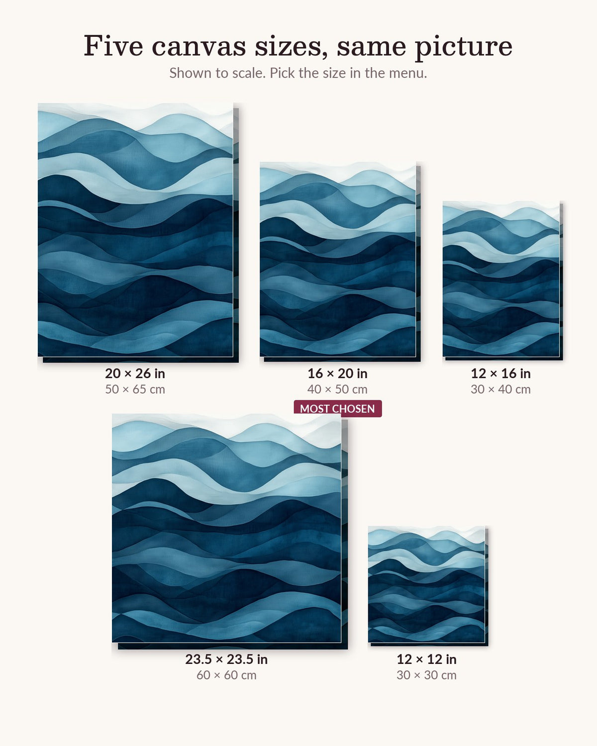 Infinite Sea canvas sizes from 12 x 12 to 23.5 x 23.5 inches