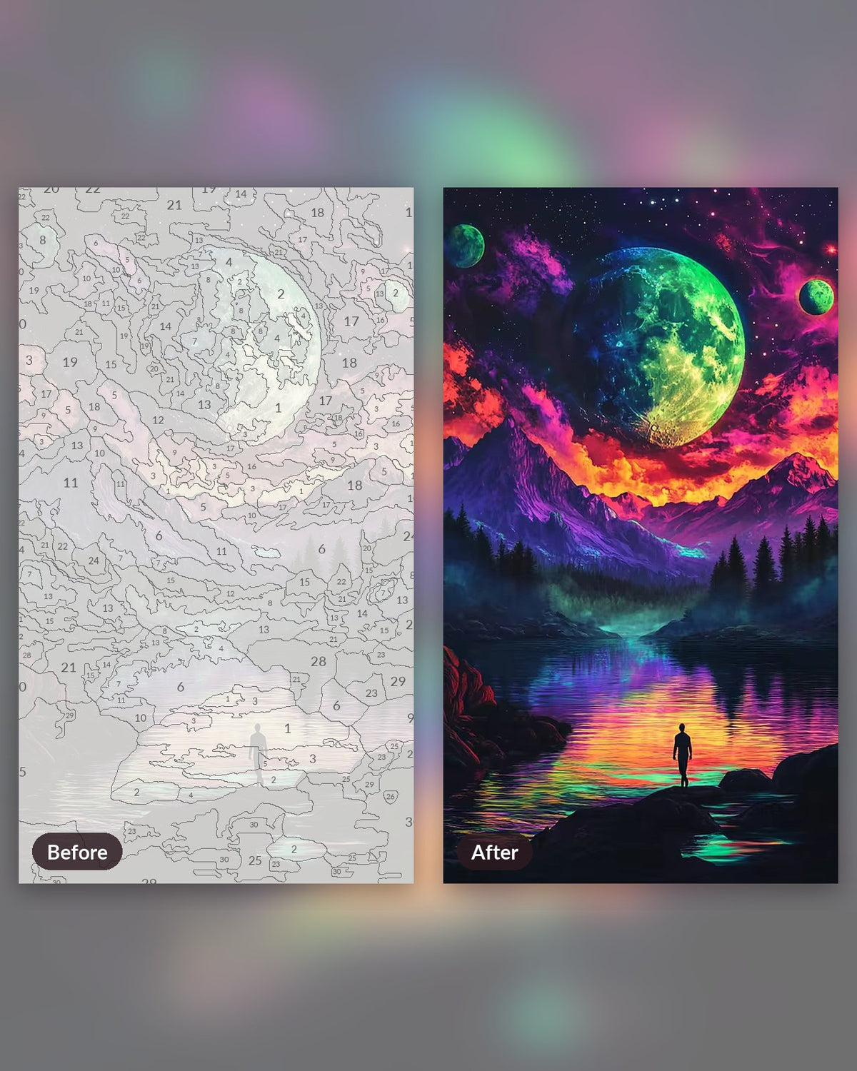 Epic Starry Night paint by numbers kit, before and after