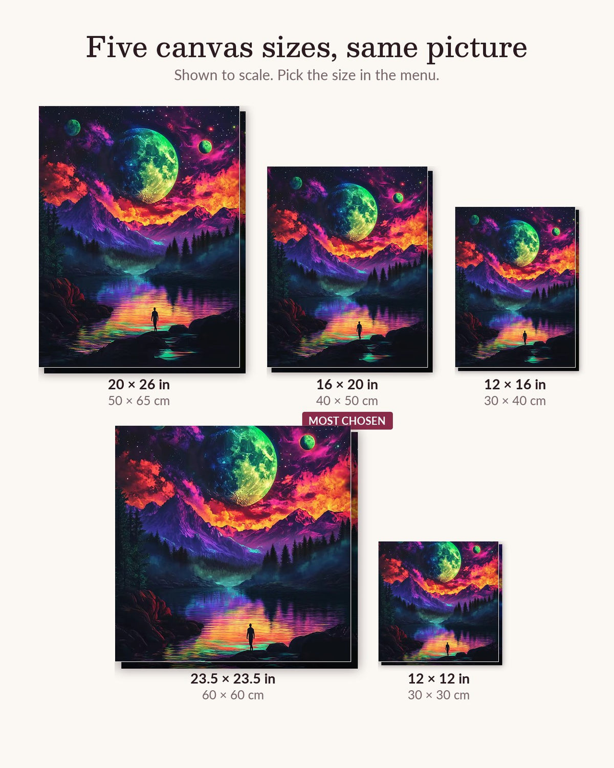 Epic Starry Night canvas sizes from 12 x 12 to 23.5 x 23.5 inches
