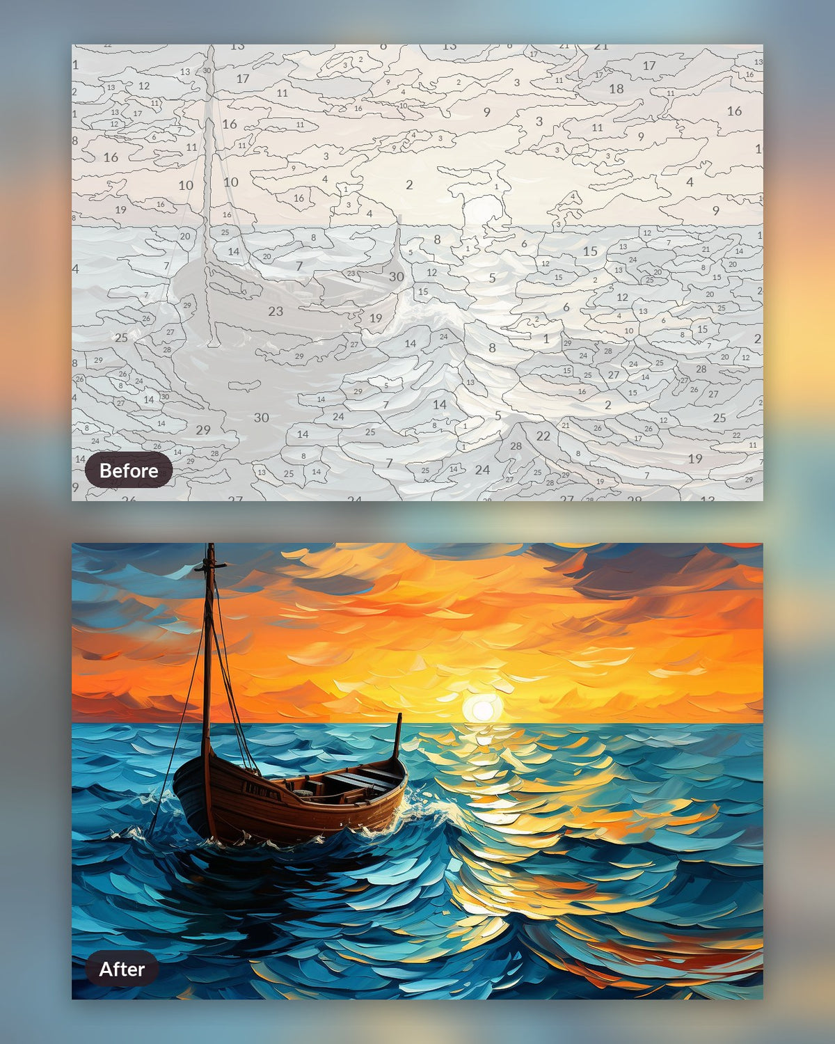 Evening Sail paint by numbers kit, before and after