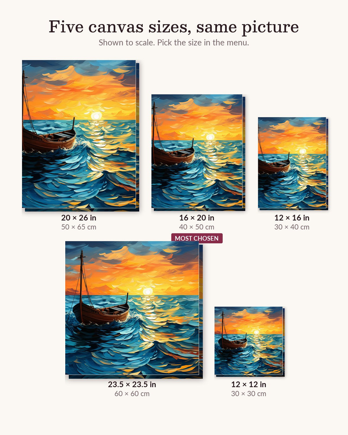 Evening Sail canvas sizes from 12 x 12 to 23.5 x 23.5 inches