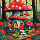 stone fairy house under red spotted mushroom caps in a forest with red poppies, paint by numbers kit