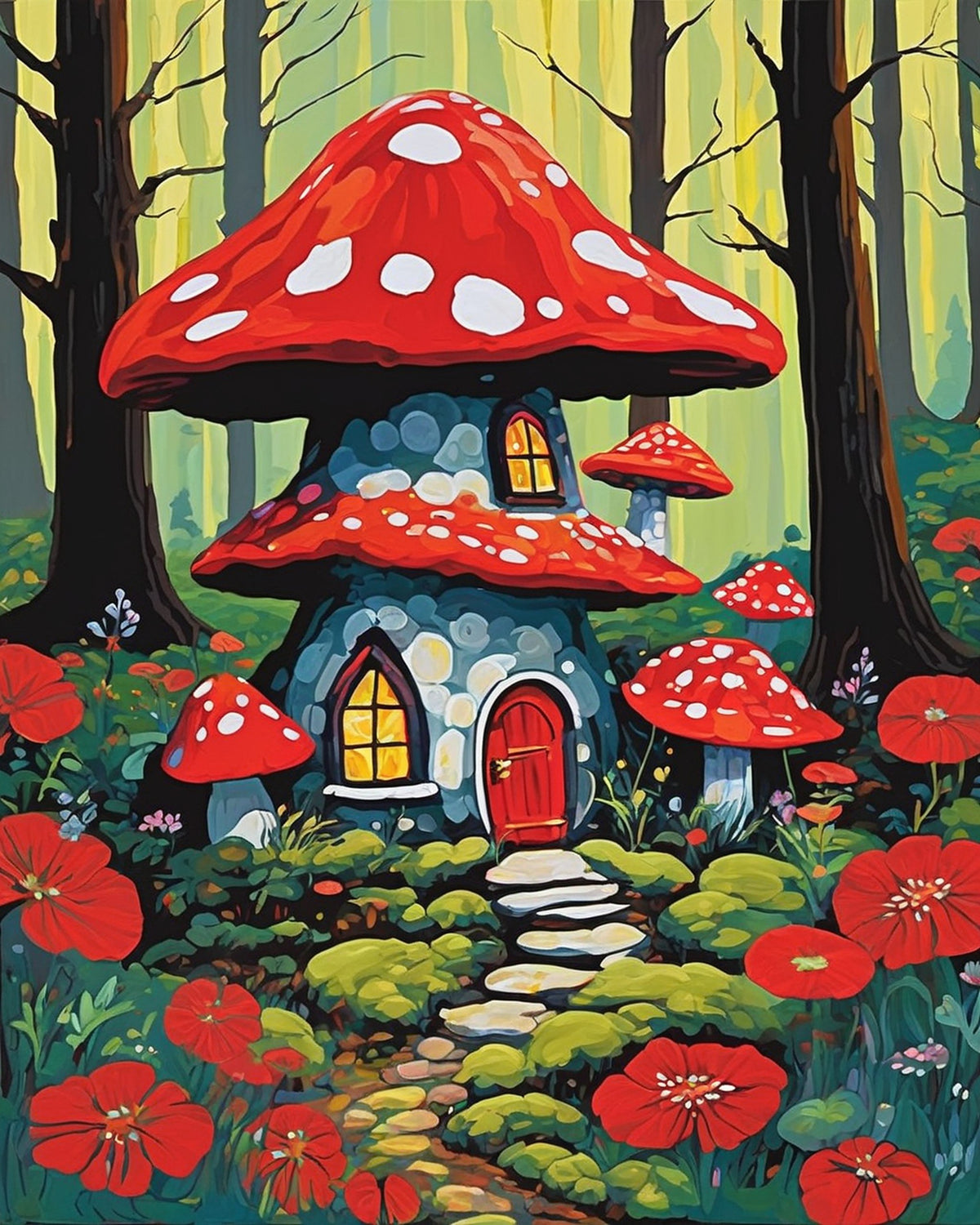 stone fairy house under red spotted mushroom caps in a forest with red poppies, paint by numbers kit