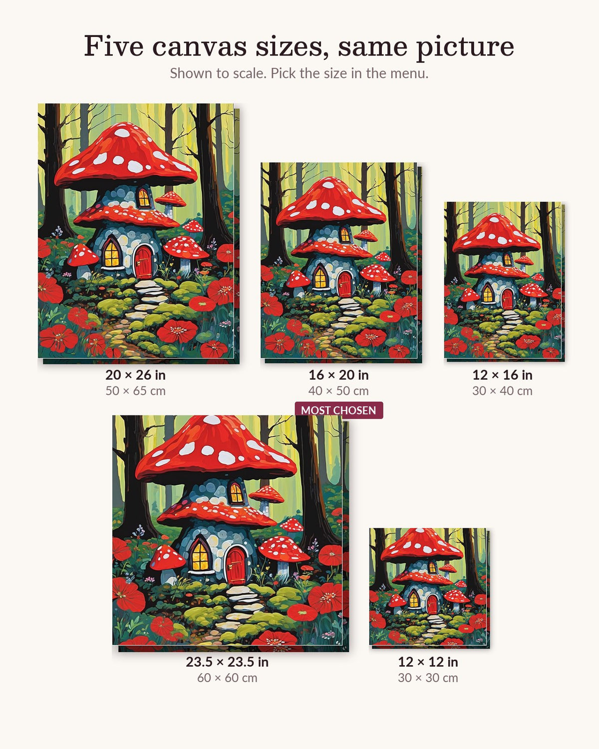 Fairy Mushroom House in the Forest canvas sizes from 12 x 12 to 23.5 x 23.5 inches