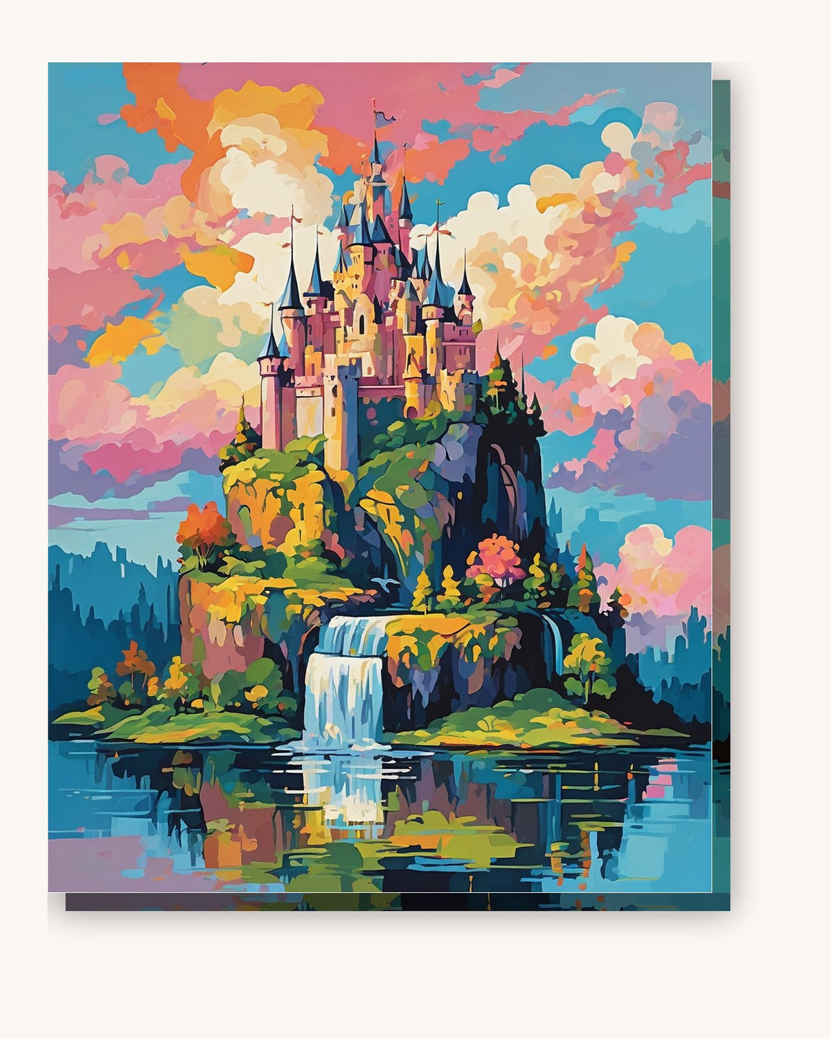 Fairy Tale Castle Above a Waterfall paint by numbers kit on stretched canvas