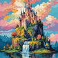 fairy tale castle with tall spires on a rocky island with a waterfall and lake under pink clouds, paint by numbers kit