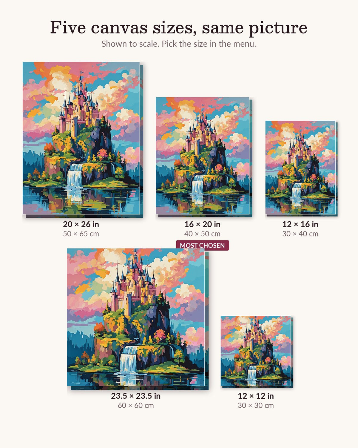 Fairy Tale Castle Above a Waterfall canvas sizes from 12 x 12 to 23.5 x 23.5 inches