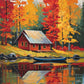 Fall Lake Cabin paint by numbers kit, red cabin reflected in a lake surrounded by autumn trees