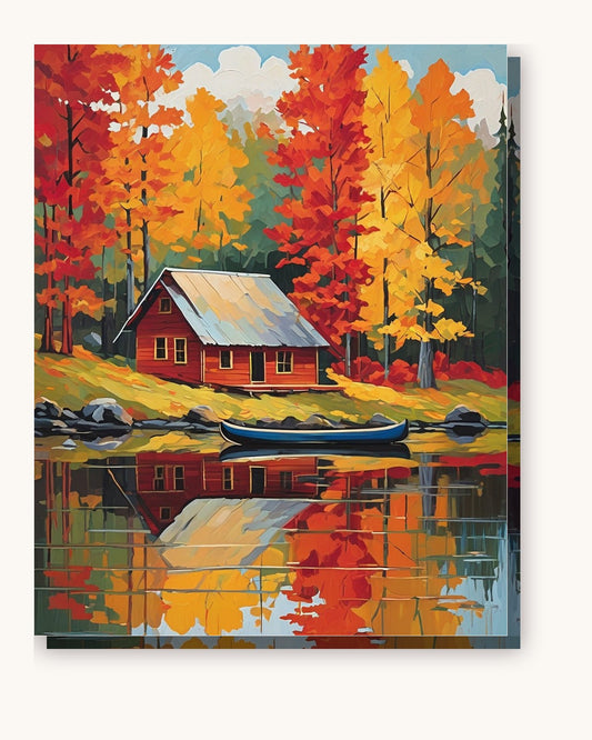 Fall Lake Cabin paint by numbers kit on stretched canvas