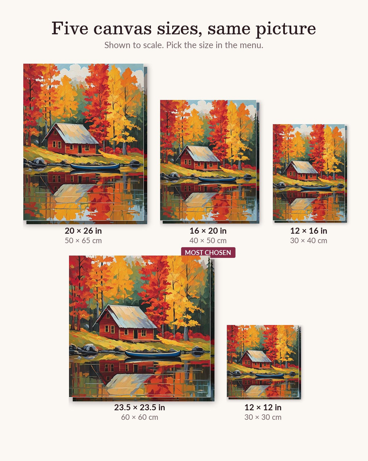Fall Lake Cabin canvas sizes from 12 x 12 to 23.5 x 23.5 inches