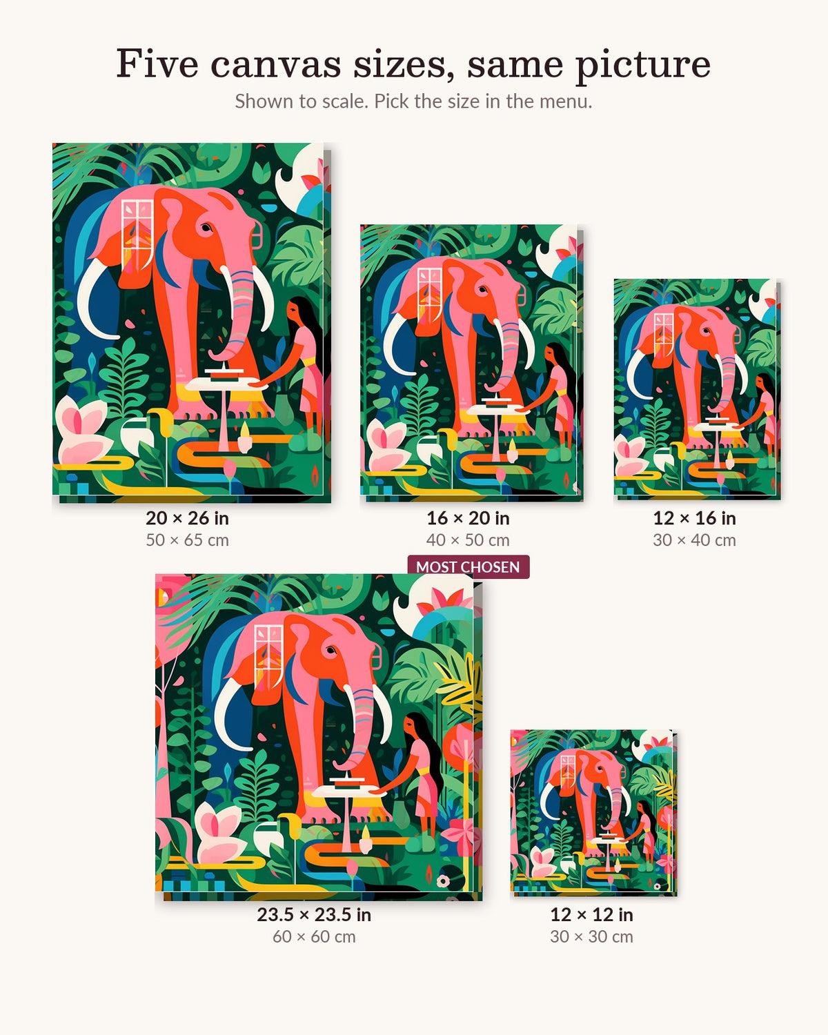 Fanciful Rendezvous canvas sizes from 12 x 12 to 23.5 x 23.5 inches