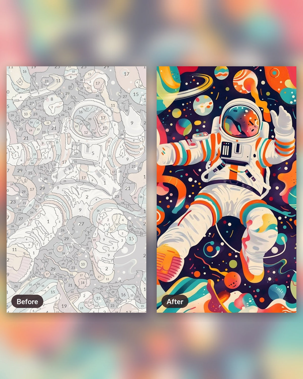 Fauvist Space Voyager paint by numbers kit, before and after