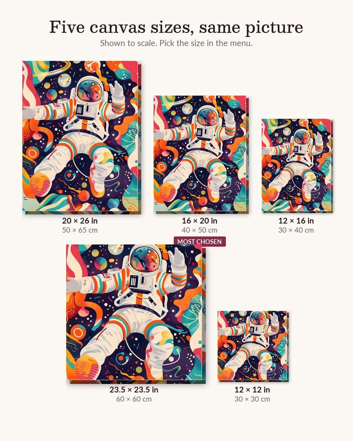Fauvist Space Voyager canvas sizes from 12 x 12 to 23.5 x 23.5 inches