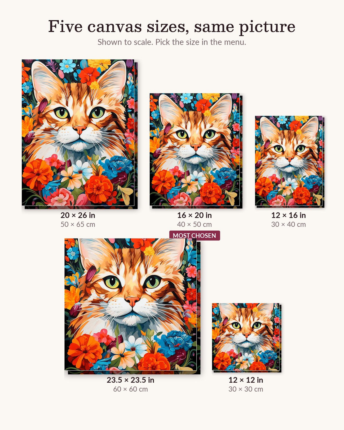 Feline Florals canvas sizes from 12 x 12 to 23.5 x 23.5 inches