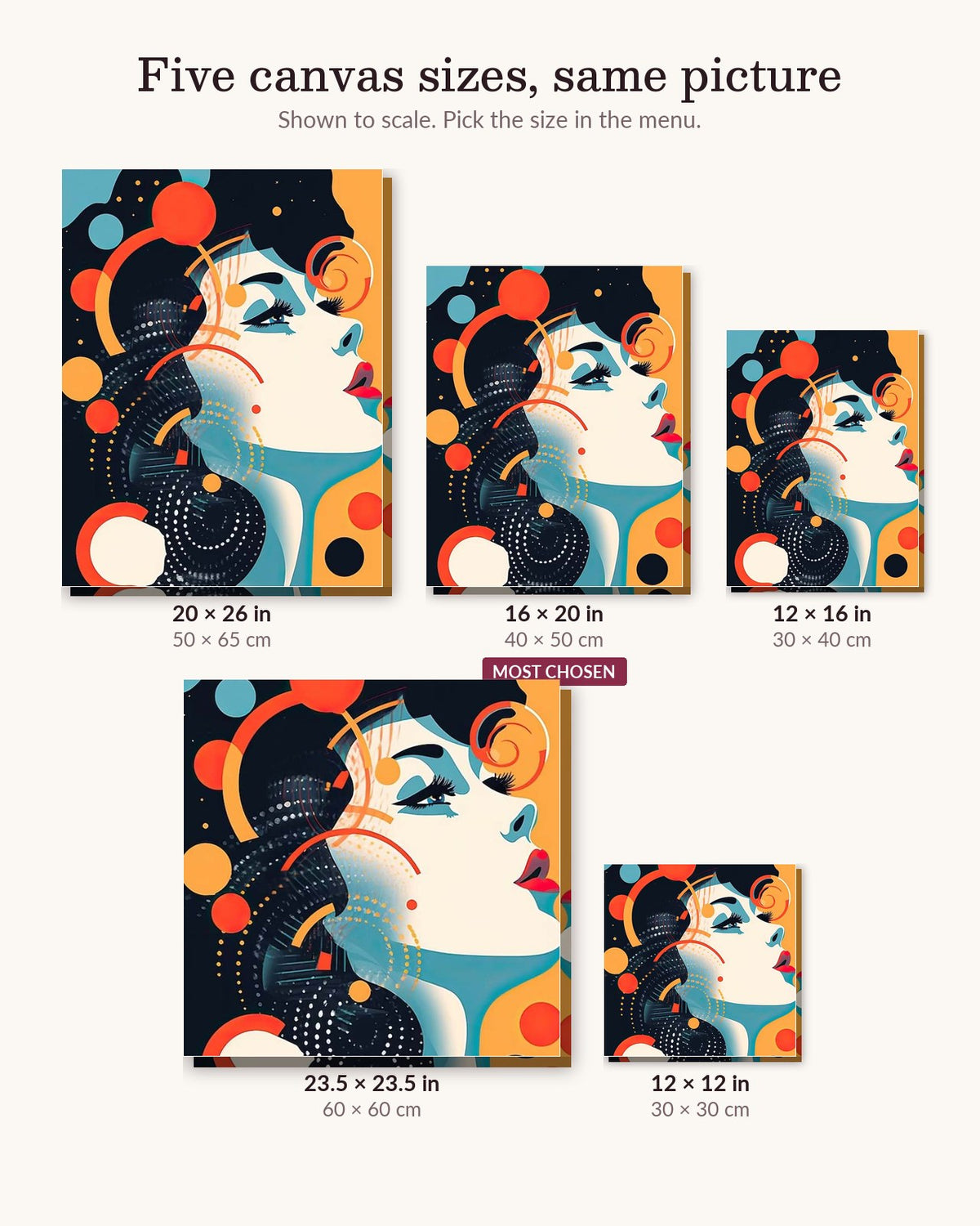 Feminine Strength canvas sizes from 12 x 12 to 23.5 x 23.5 inches