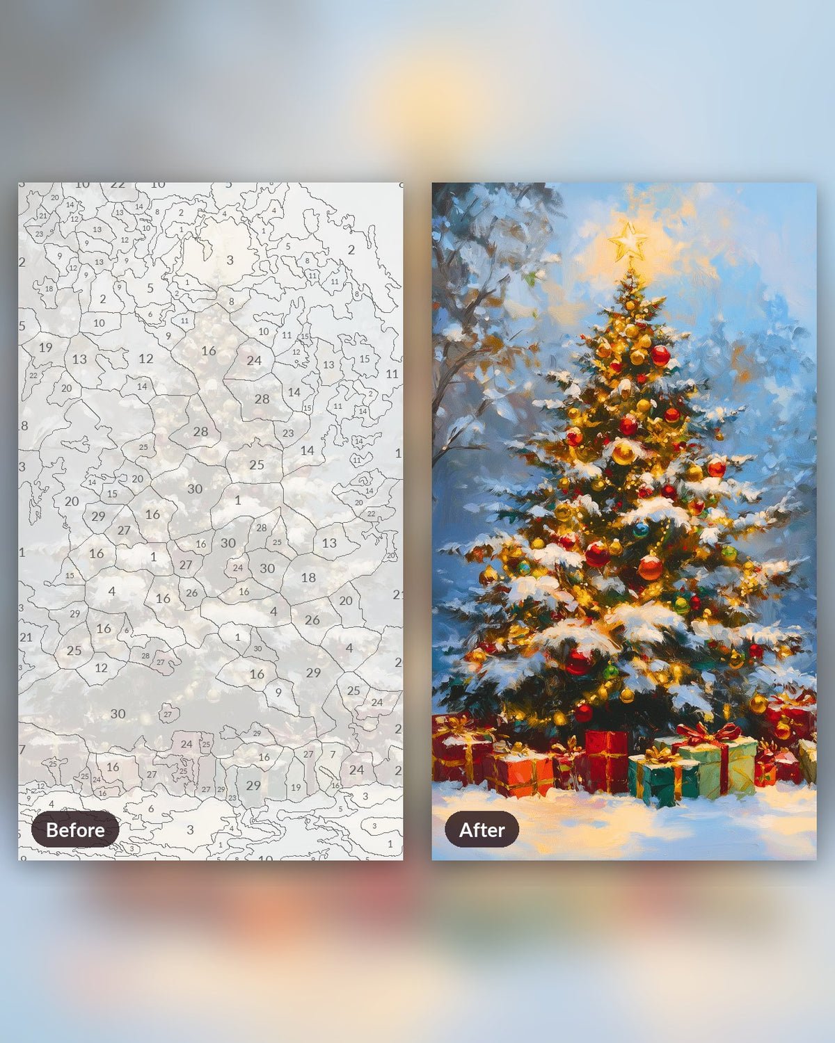 Festive Cheer paint by numbers kit, before and after