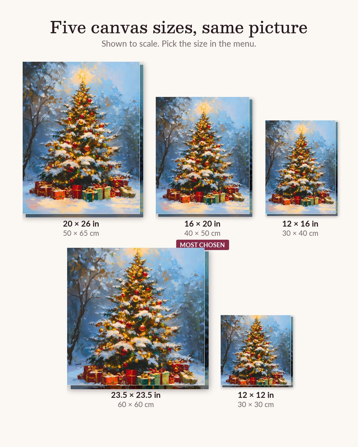 Festive Cheer canvas sizes from 12 x 12 to 23.5 x 23.5 inches