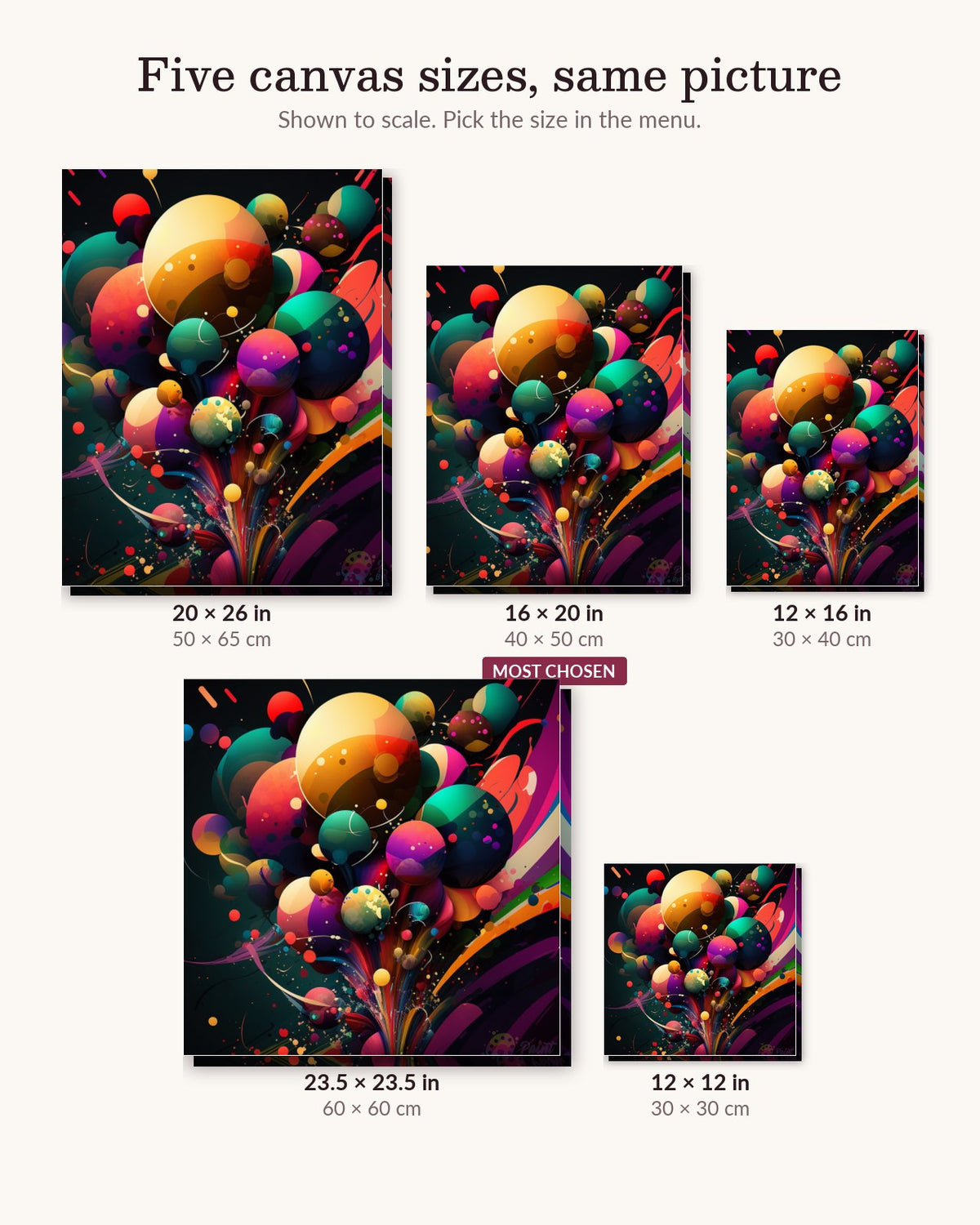 Festive Fusion canvas sizes from 12 x 12 to 23.5 x 23.5 inches