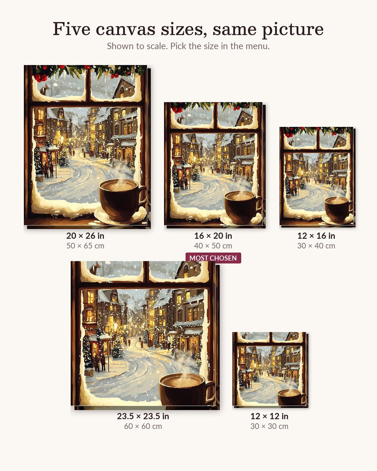 Merry Spectacle canvas sizes from 12 x 12 to 23.5 x 23.5 inches