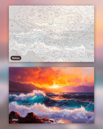 Fiery Ocean Dusk paint by numbers kit, before and after