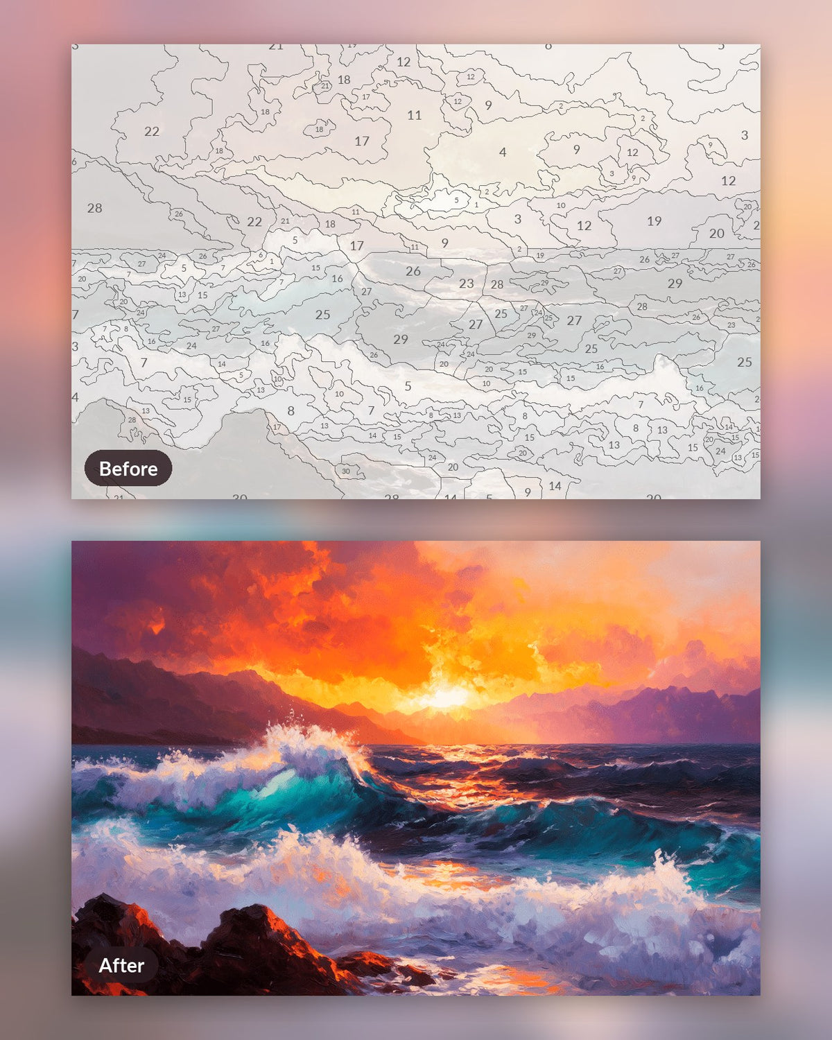 Fiery Ocean Dusk paint by numbers kit, before and after