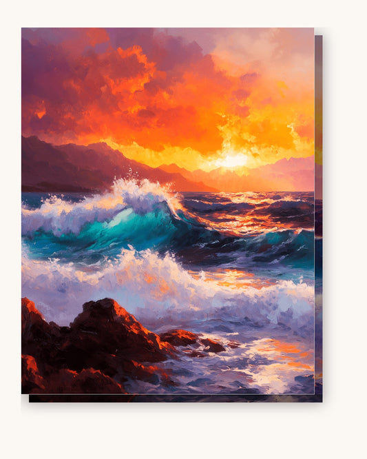 Fiery Ocean Dusk paint by numbers kit on stretched canvas
