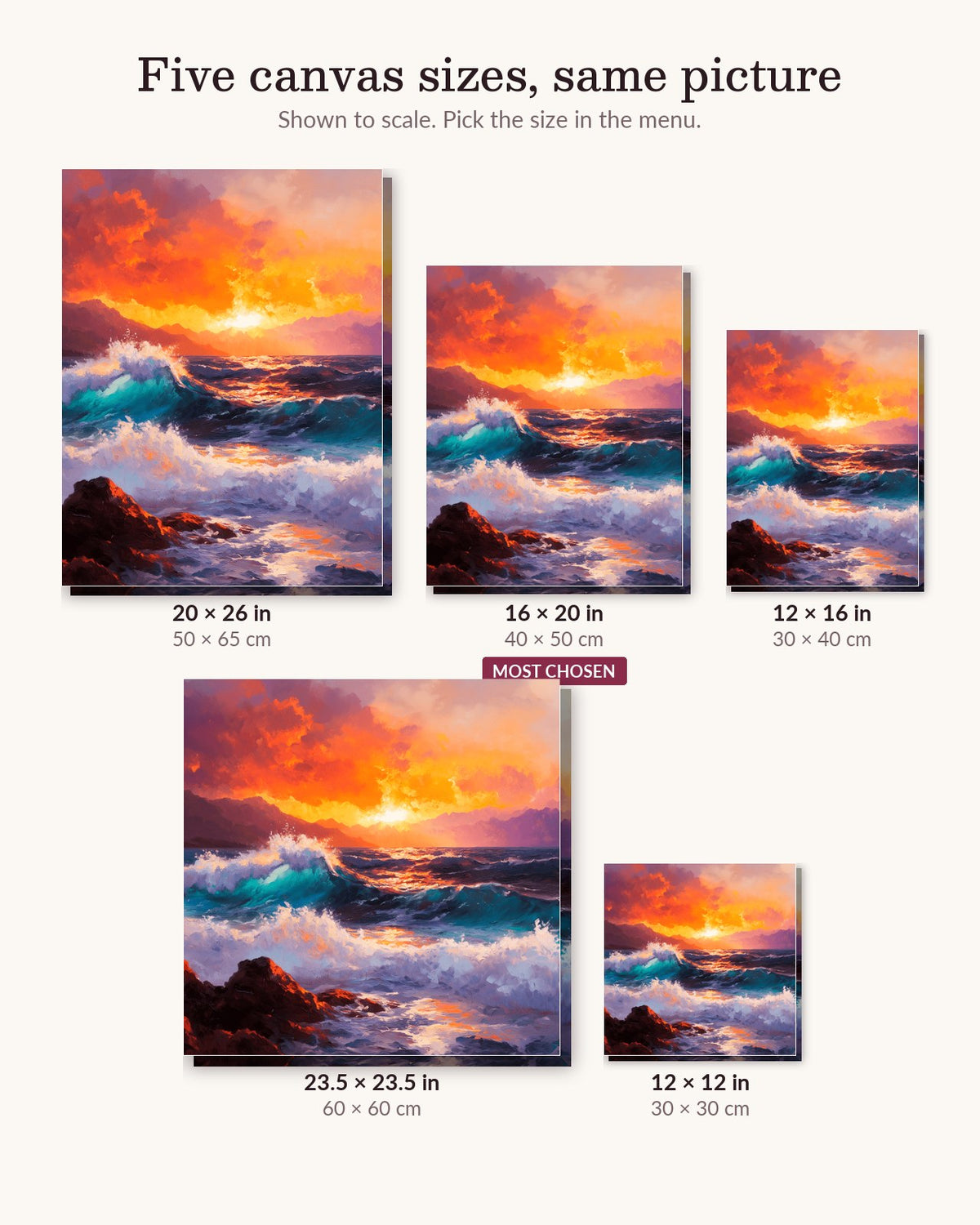 Fiery Ocean Dusk canvas sizes from 12 x 12 to 23.5 x 23.5 inches