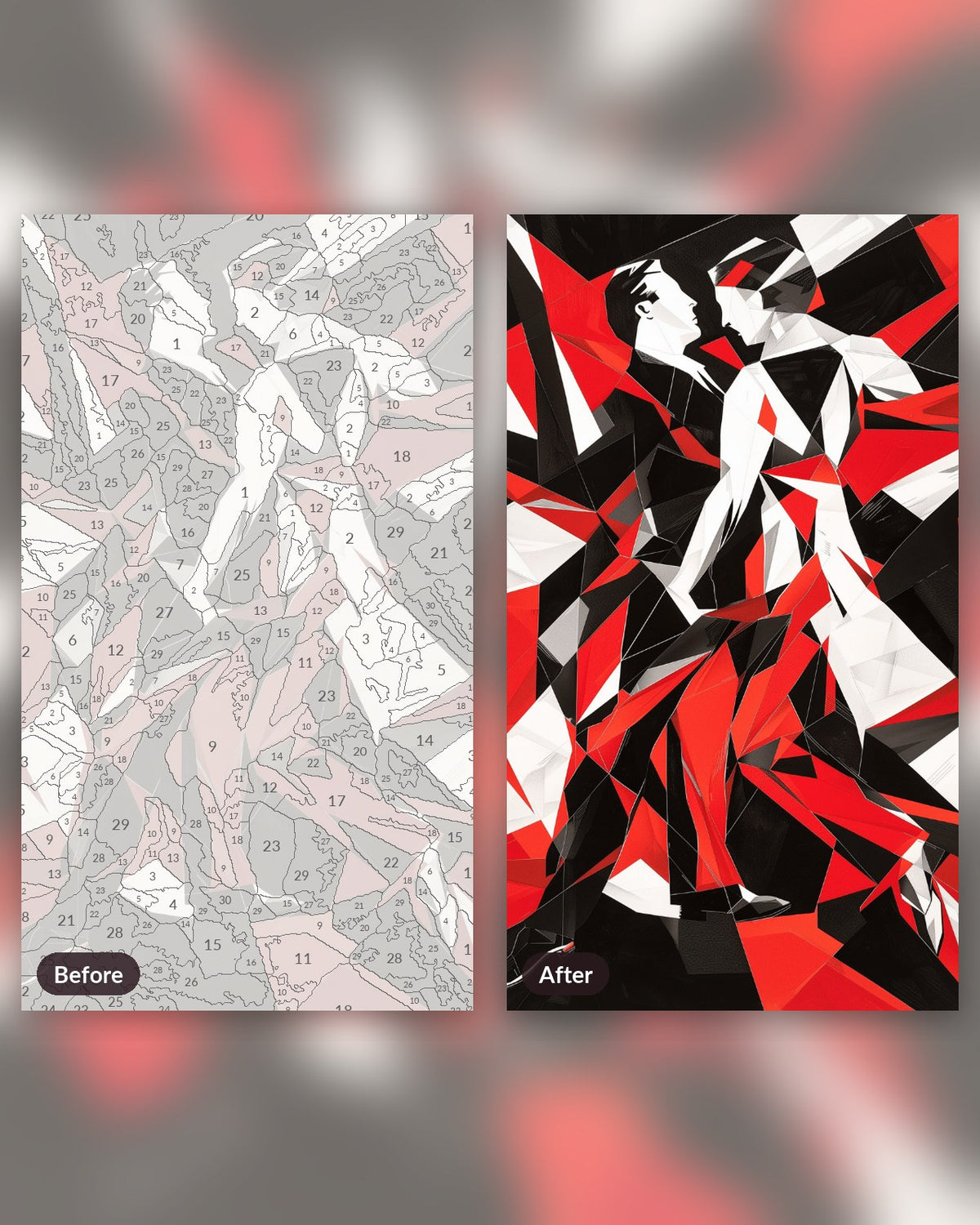 Fiery Tango paint by numbers kit, before and after