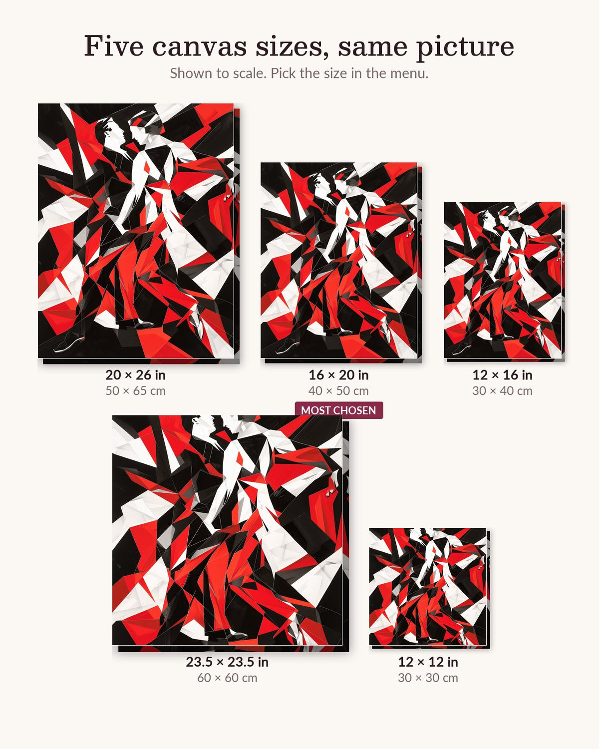 Fiery Tango canvas sizes from 12 x 12 to 23.5 x 23.5 inches