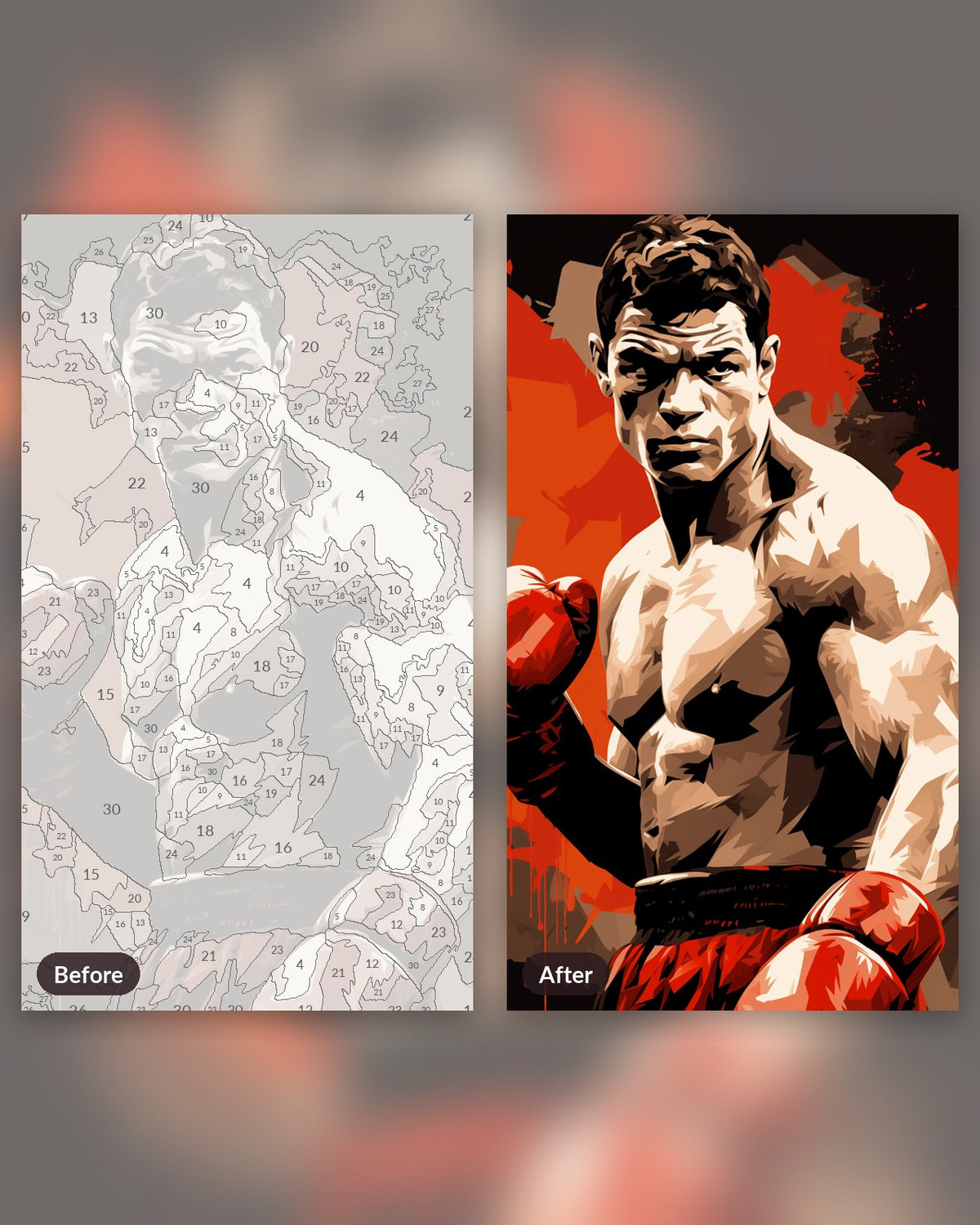 Artistic Fighter paint by numbers kit, before and after