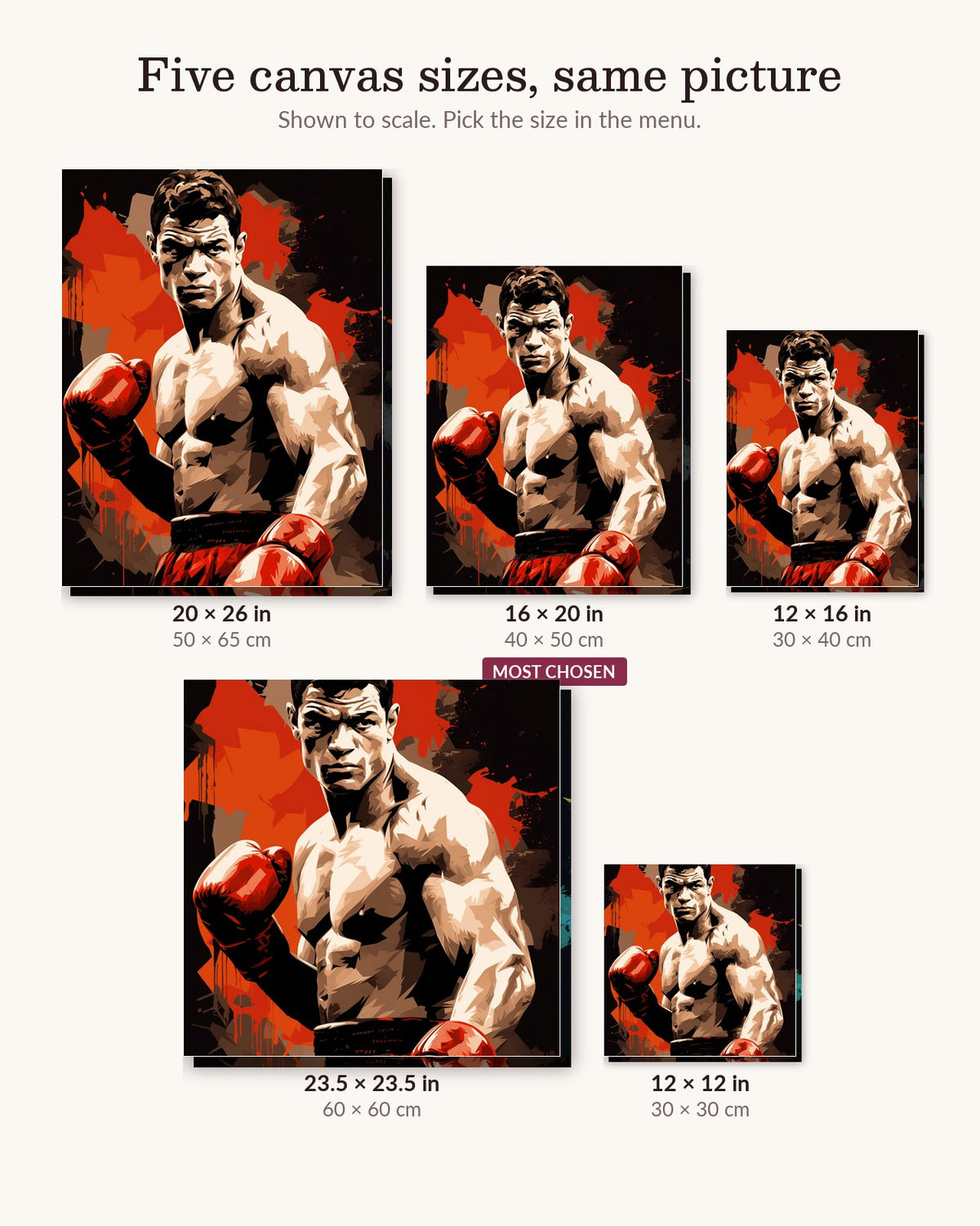 Artistic Fighter canvas sizes from 12 x 12 to 23.5 x 23.5 inches